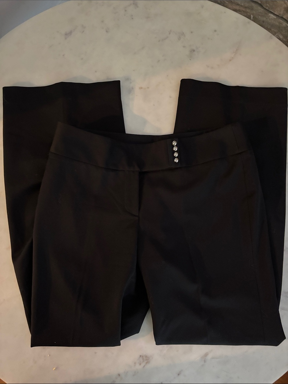 White House Black Market Legacy Tuxedo Satin Tab Silver Buttons Flare Leg Black